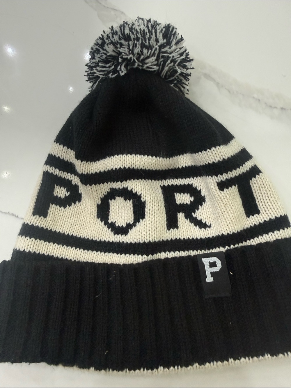 Portland Gear Black and Cream Pom Beanie Hat - logo Portland, Oregon